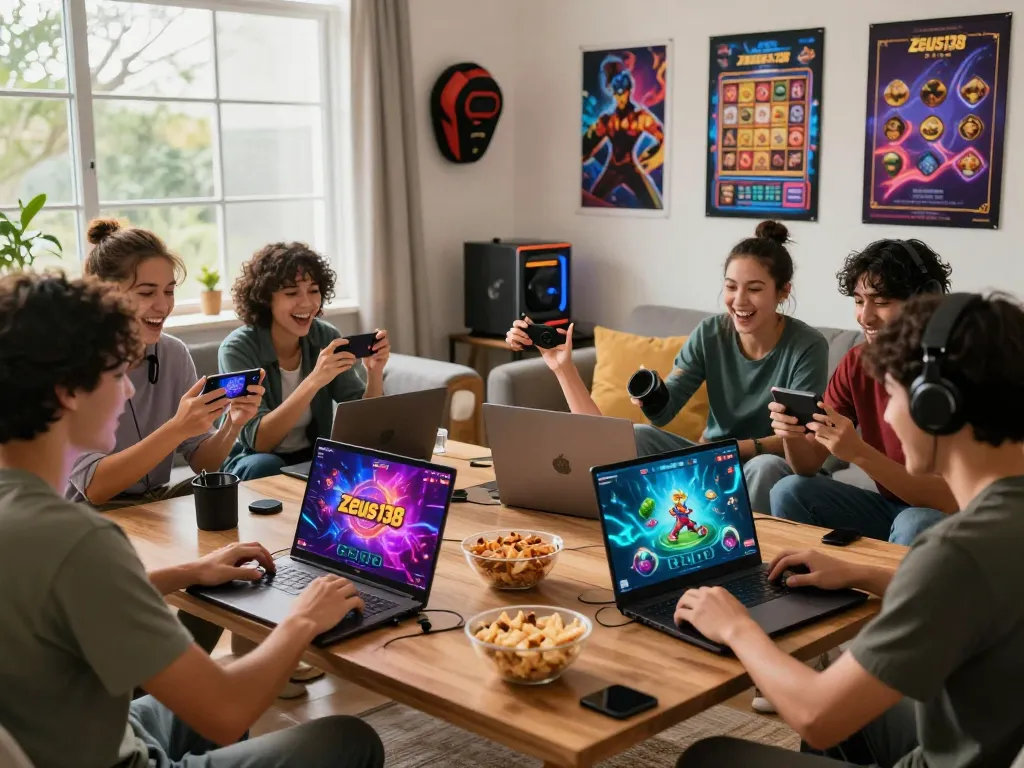 Friends enjoying a gaming night on Zeus138 platform, showcasing excitement and vibrant graphics in a cozy living room.