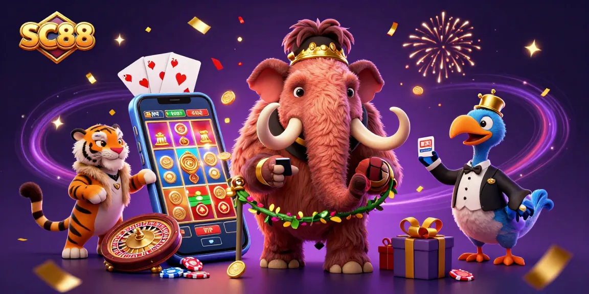 Engage in thrilling casino action with SC88 as a woolly mammoth bouncer checks IDs amidst slot games and exciting visuals.