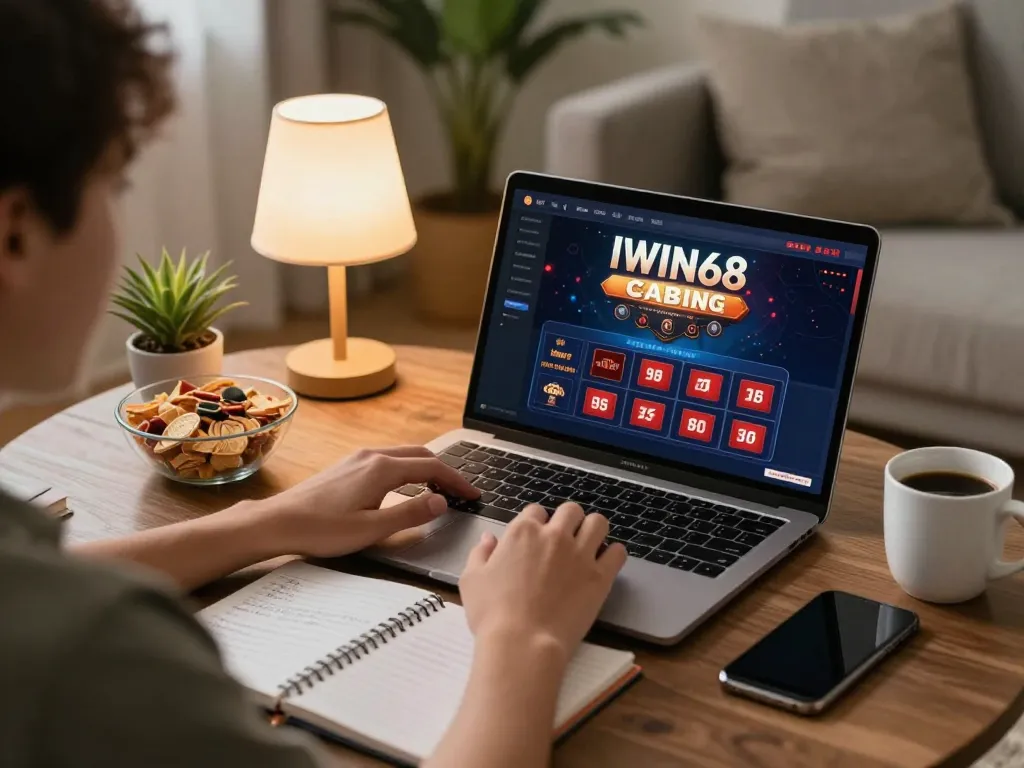 Engaging in IWIN68 online casino gaming with a laptop in a cozy home setting