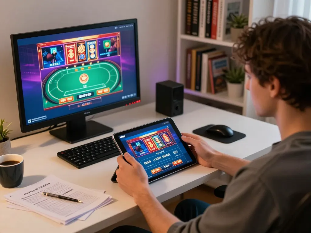 Player engaging with W4U casino app during online gaming session in a cozy home office