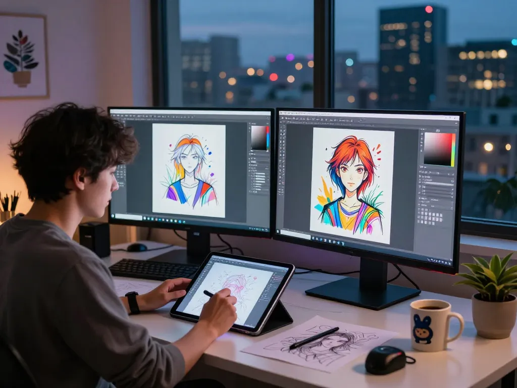 Artist creating dynamic ai nsfw artwork in a vibrant digital studio setting, surrounded by creative tools.