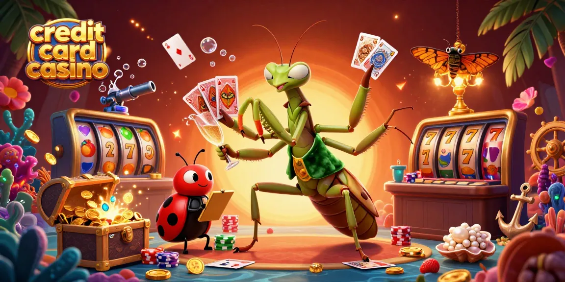 Engaging scene of a credit card casino with a giant mantis card sharp and vibrant decor showcasing animated gameplay elements.