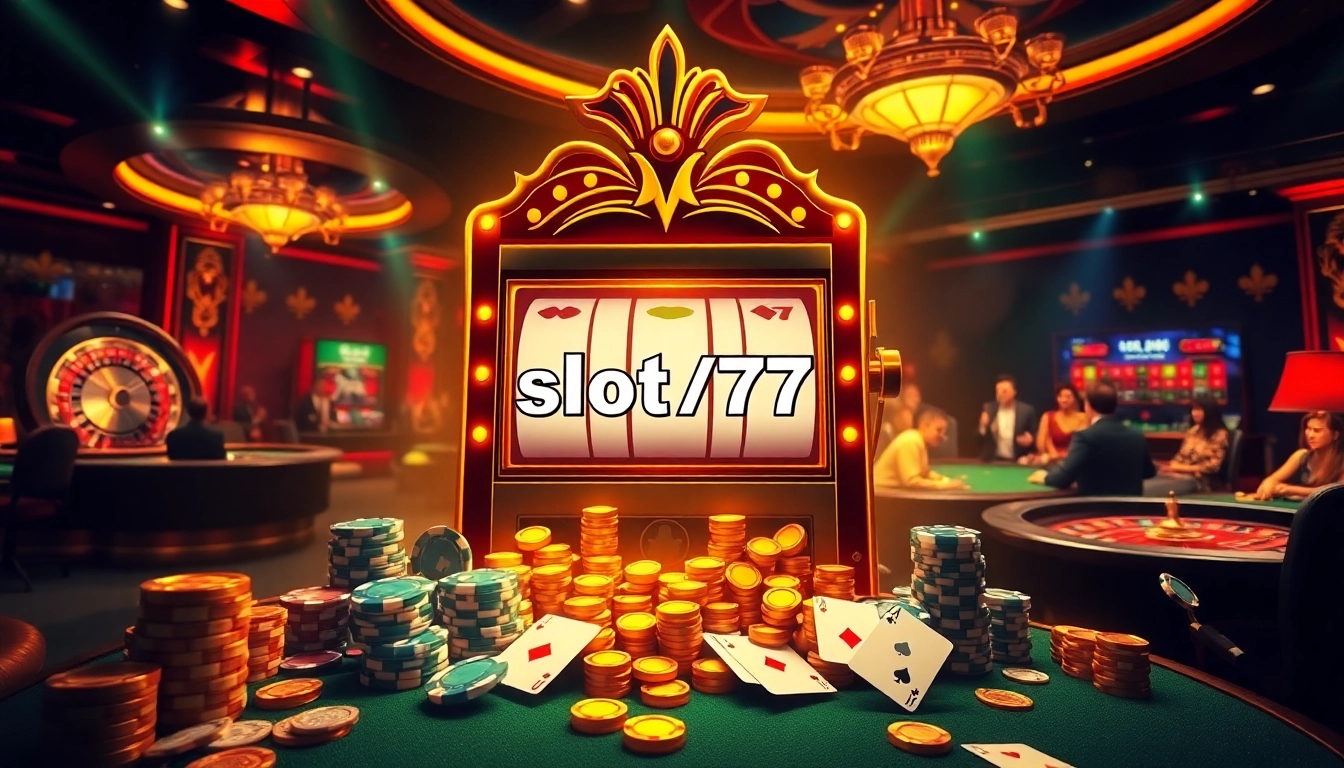 Experience the thrill of slot777 with a vibrant slot machine amidst a luxurious casino setting.