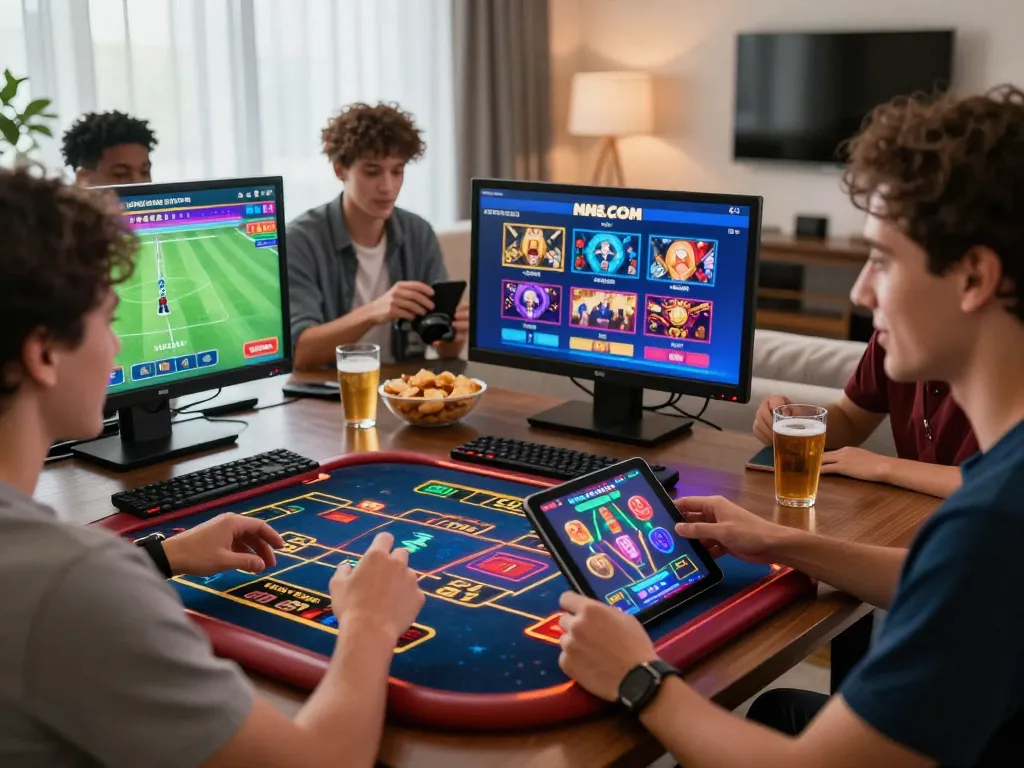 Group of friends engaging in online betting on MM88.COM with desktop and tablet, fun and lively atmosphere.