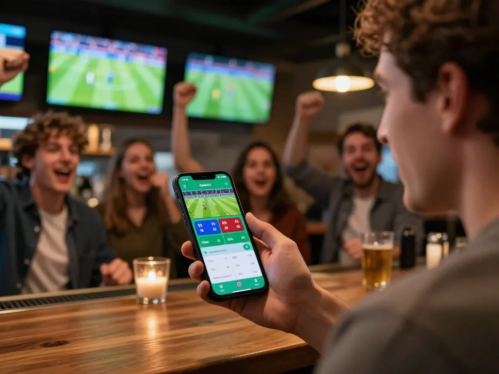 View of a friend group enjoying live sports betting with the Cakhia TV app in a lively bar setting.