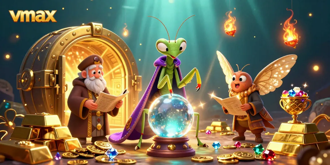 Experience vmax slots and games with a vibrant 3D casino illustration featuring captivating characters and treasures.