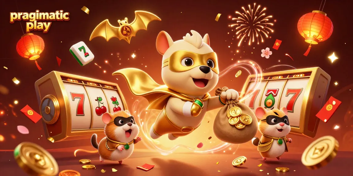 Experience the excitement of pragmatic play slots with a superhero dog and a hamster amidst joyful casino elements!