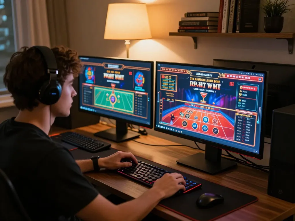 Engaged player at home gaming setup immersed in online casino gameplay at https://kjc.events/ with focused expression.