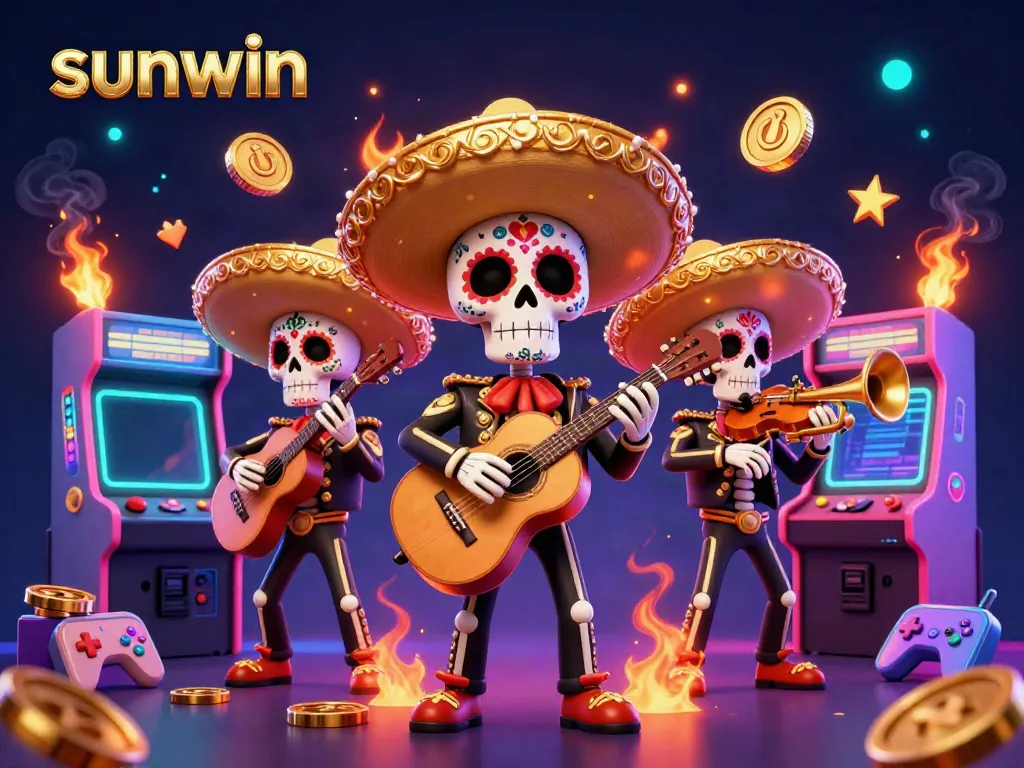 Experience the thrilling action at sunwin with lively skeleton mariachis surrounded by vibrant gaming elements.