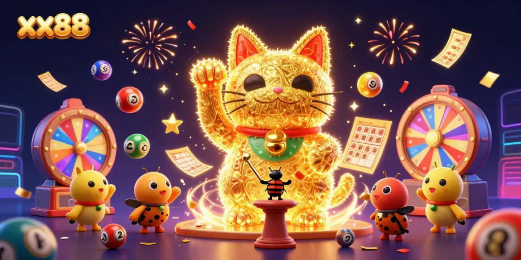 Engage with the vibrant world of xx88 gaming, featuring a lucky cat amidst dynamic casino elements.