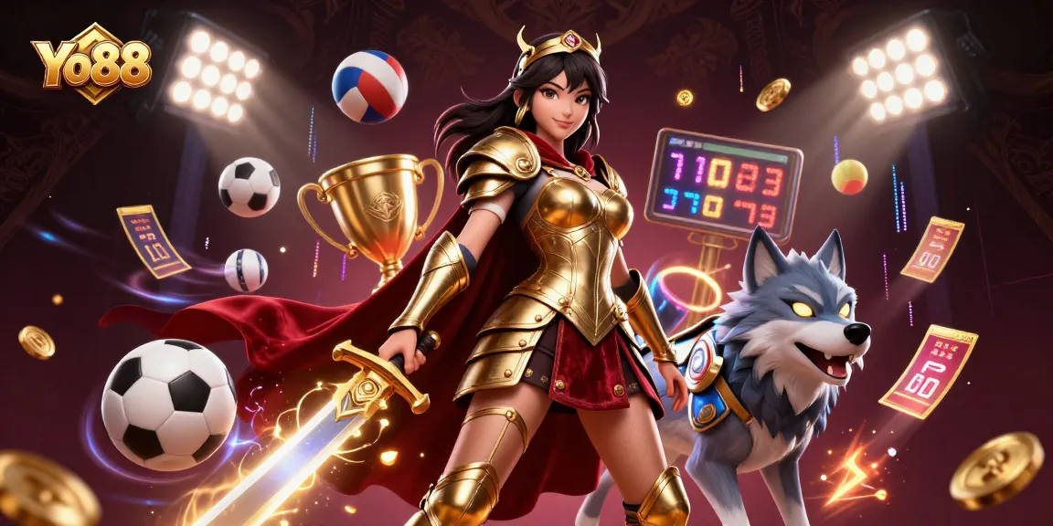 Win big at Yo88 with immersive gaming visuals showcasing a warrior queen and her armored wolf companion.