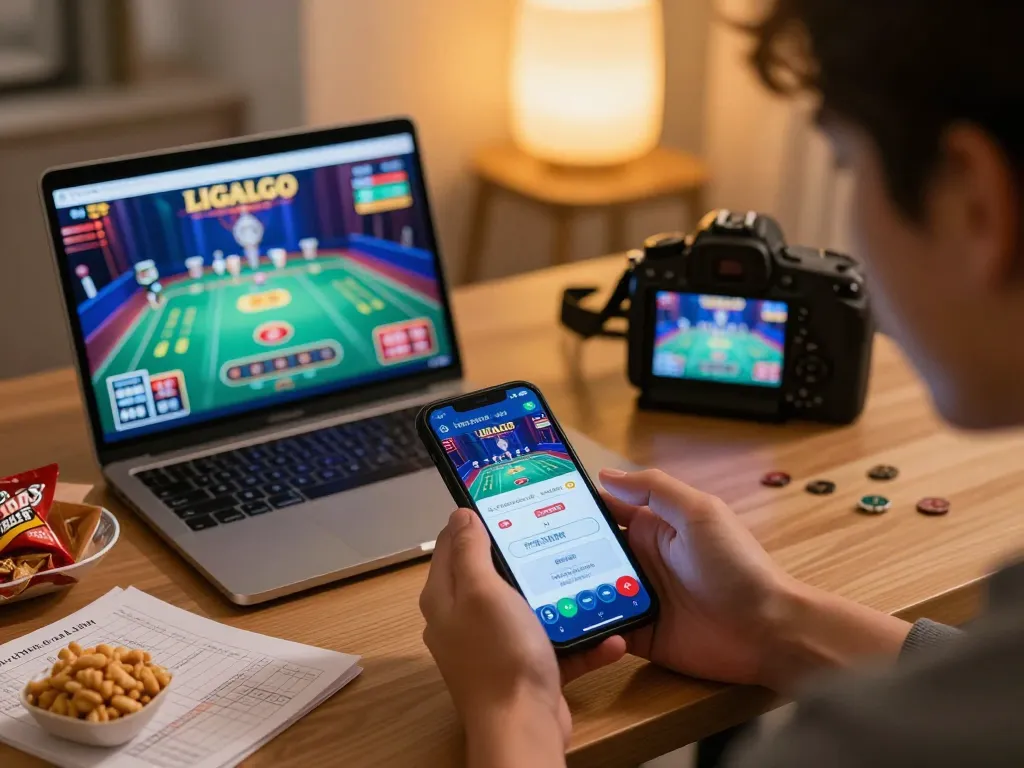 LIGALGO user engaging with mobile casino app in cozy home setting, highlighting strategic gameplay