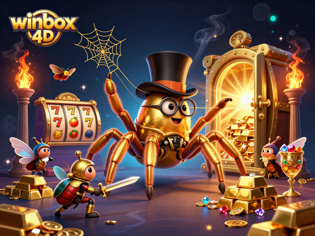 Winbox 4D slots scene capturing excitement with a golden tarantula and beetle knight surrounded by treasures.