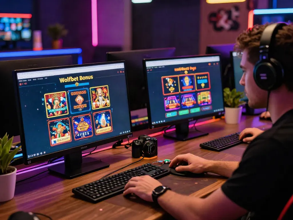 Player enjoying engaging casino games on the Wolfbet Bonus Page, highlighting excitement and modern gaming.