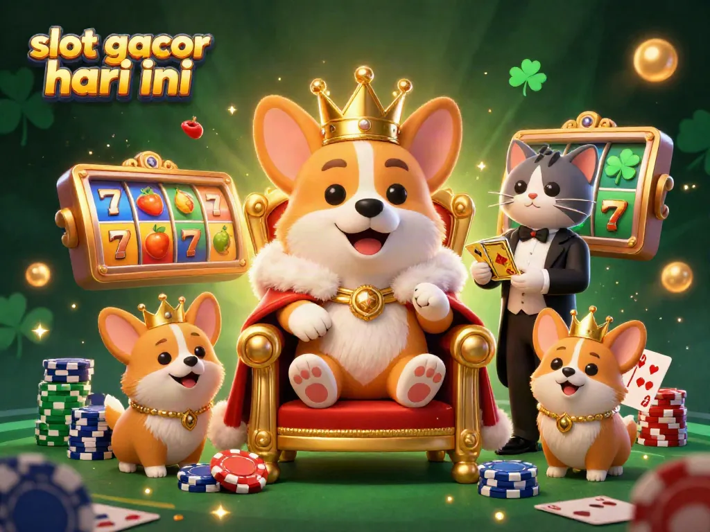 Slot gacor hari ini dengan corgi kerajaan dan elemen permainan kasino yang menarik.