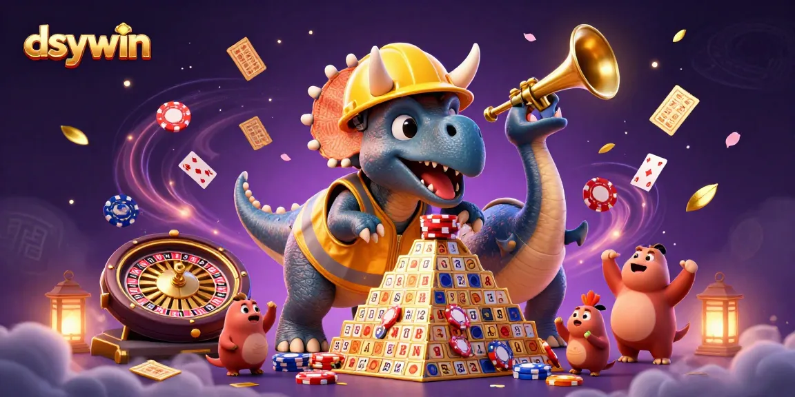 dsywin players celebrate with a lively triceratops and parasaurolophus in a vibrant casino scene.