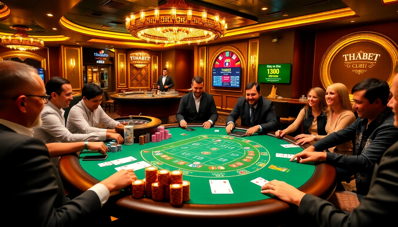 Players enjoying poker at thabet casino, showcasing high-stakes chips and vibrant atmosphere.