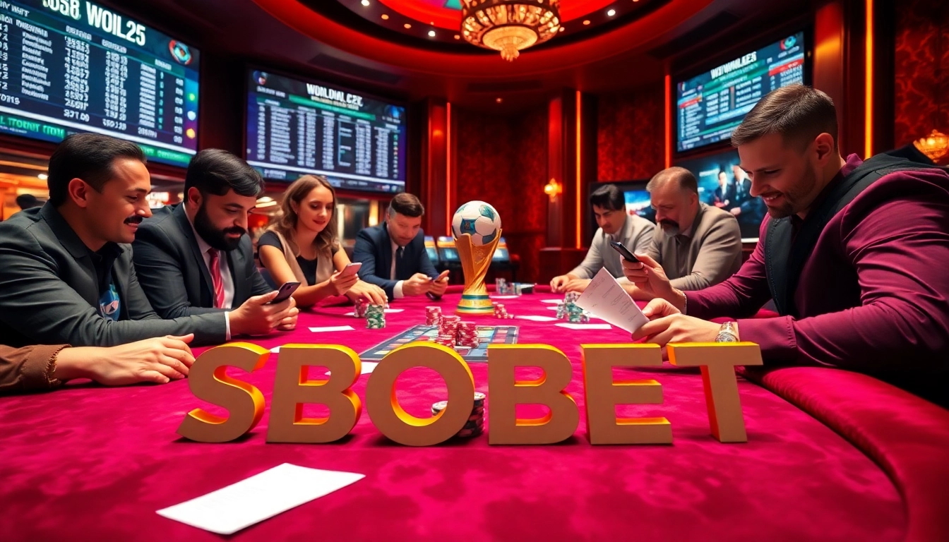 SBOBET bettors analyzing odds at a vibrant sports betting table.