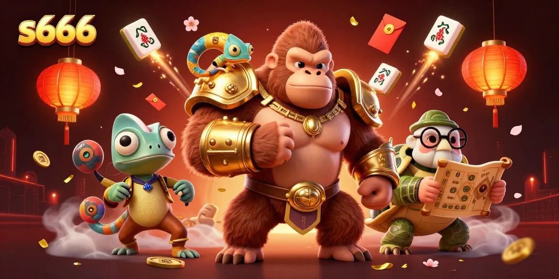 S666 features a powerful cartoon gorilla king with vibrant game elements celebrating in a casino setting.