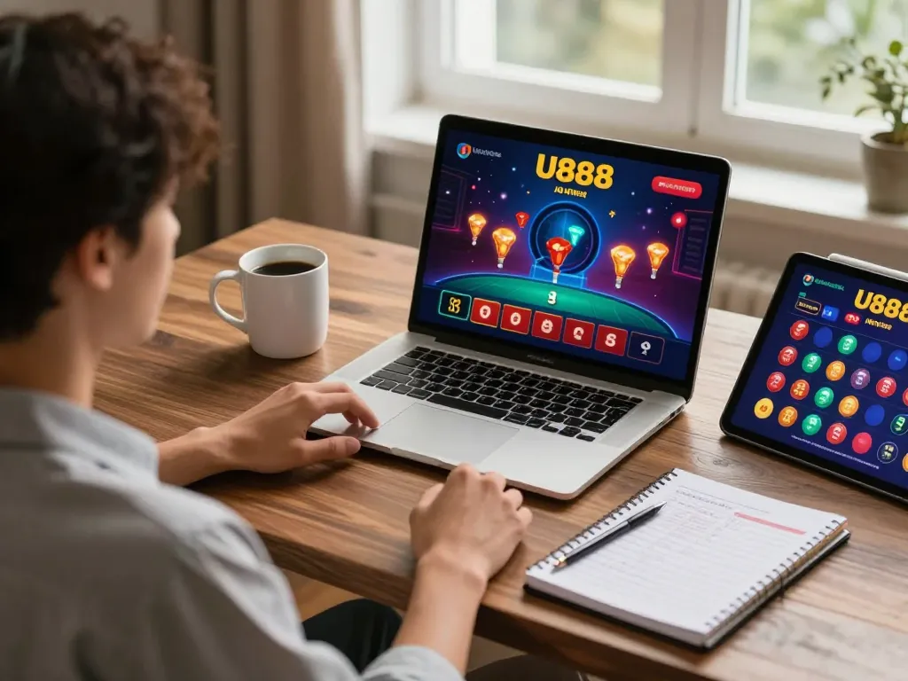 Engaging with U888's online casino through a cozy gaming setup, blending strategy and relaxation.