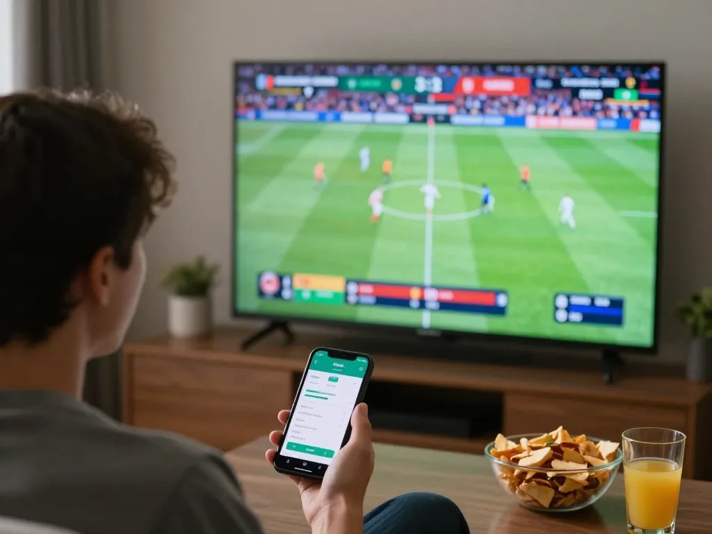 View of a person placing bets on the debet app while enjoying a live sports event