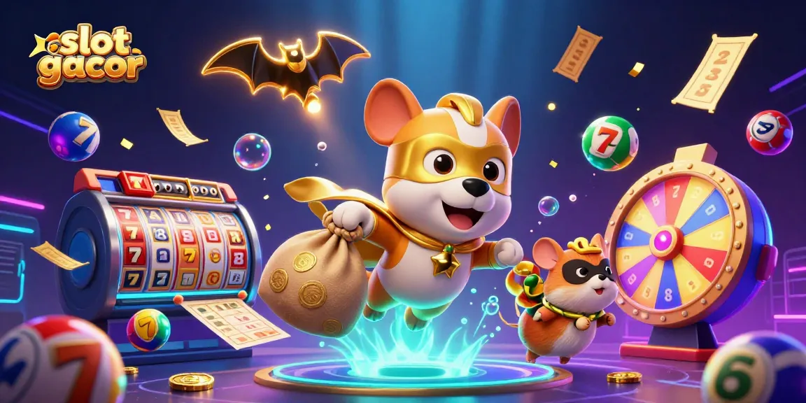 Slot gacor memperlihatkan anjing pahlawan dengan kantong koin dan teman hamster, dikelilingi simbol permainan judi