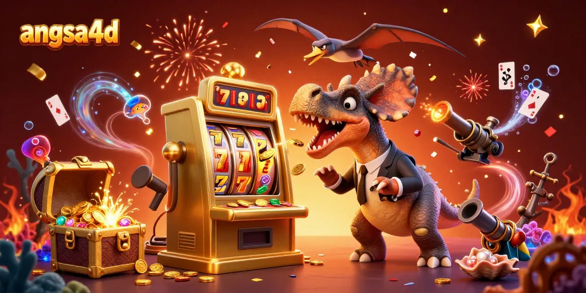 Engage with angsa4d as a dinosaur celebrates winning big at the casino with flying coins and a golden slot machine.