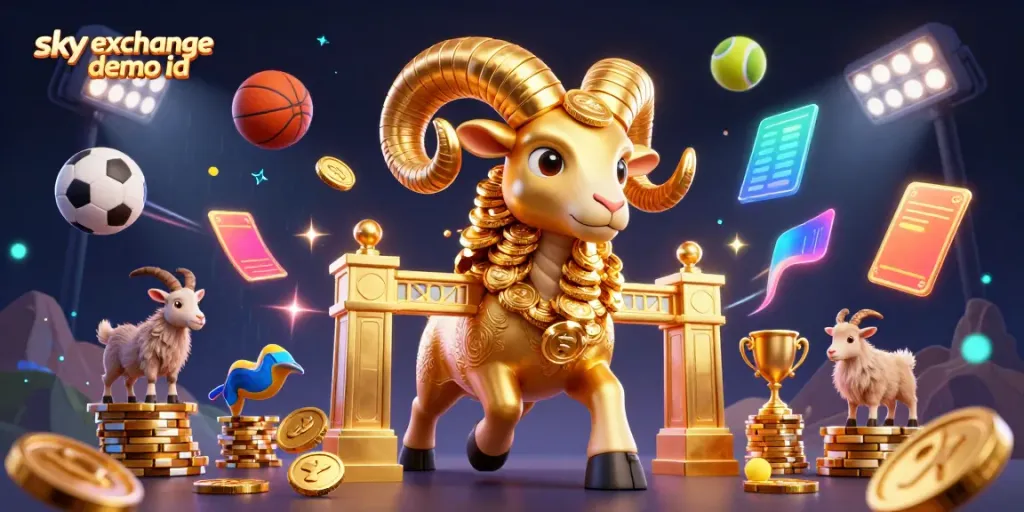 Experience the excitement of sports betting with sky exchange demo id, featuring a dynamic golden ram amidst a vibrant betting scene.