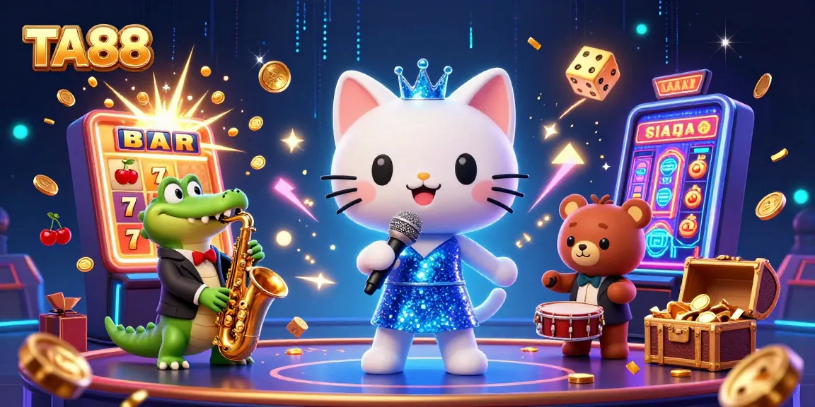 Celebrate wins at TA88 with lively casino characters and vibrant gaming elements in a dynamic illustration.