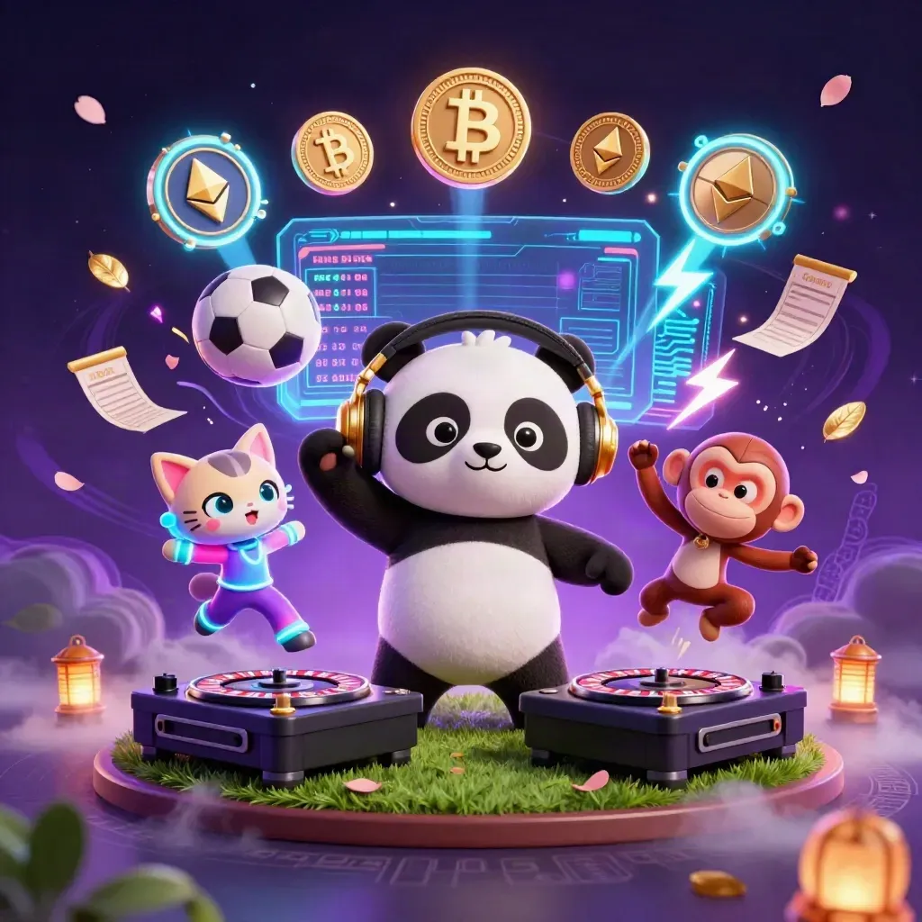 DJ panda, dancing monkey, and glow kitten amid crypto lights, coins, ball, and cosmic casino glow