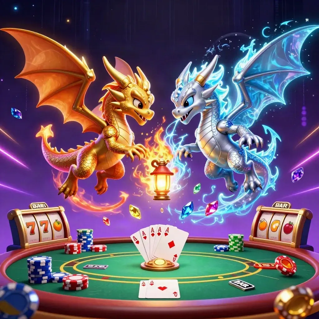 Twin gold and silver dragons spiral with chips, cards, slots, and neon energy in a dark cosmic casino scene.