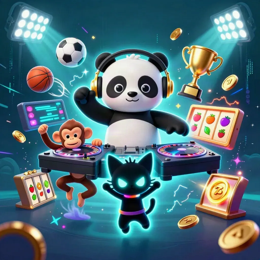 DJ panda, breakdancing monkey, and glow-stick kitten amid casino and sports effects