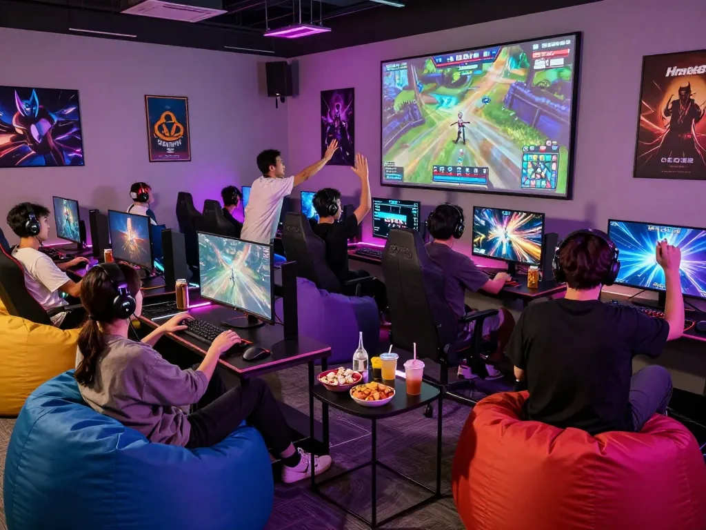 Dynamic gaming lounge with players enjoying Game hm88 on modern consoles.