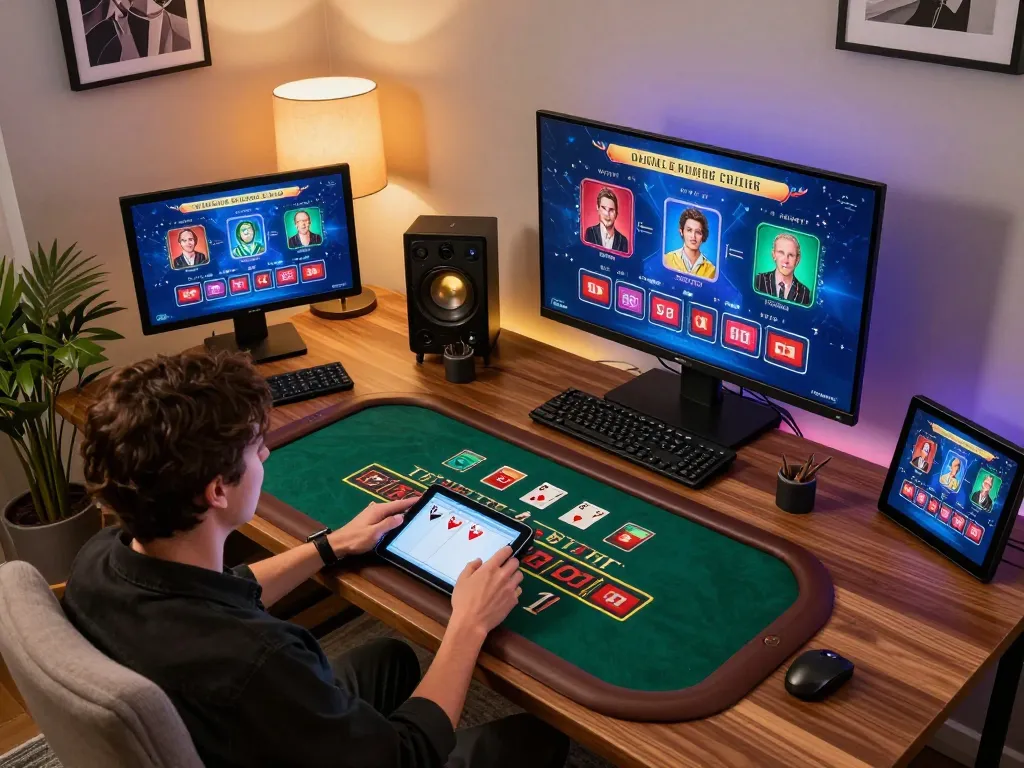 B52club player engaging with live dealer blackjack on a tablet in a stylish home office.
