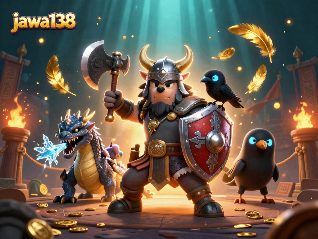 Bet and win big at jawa138 with a Viking wolf warrior and his dragon in a thrilling casino scene.