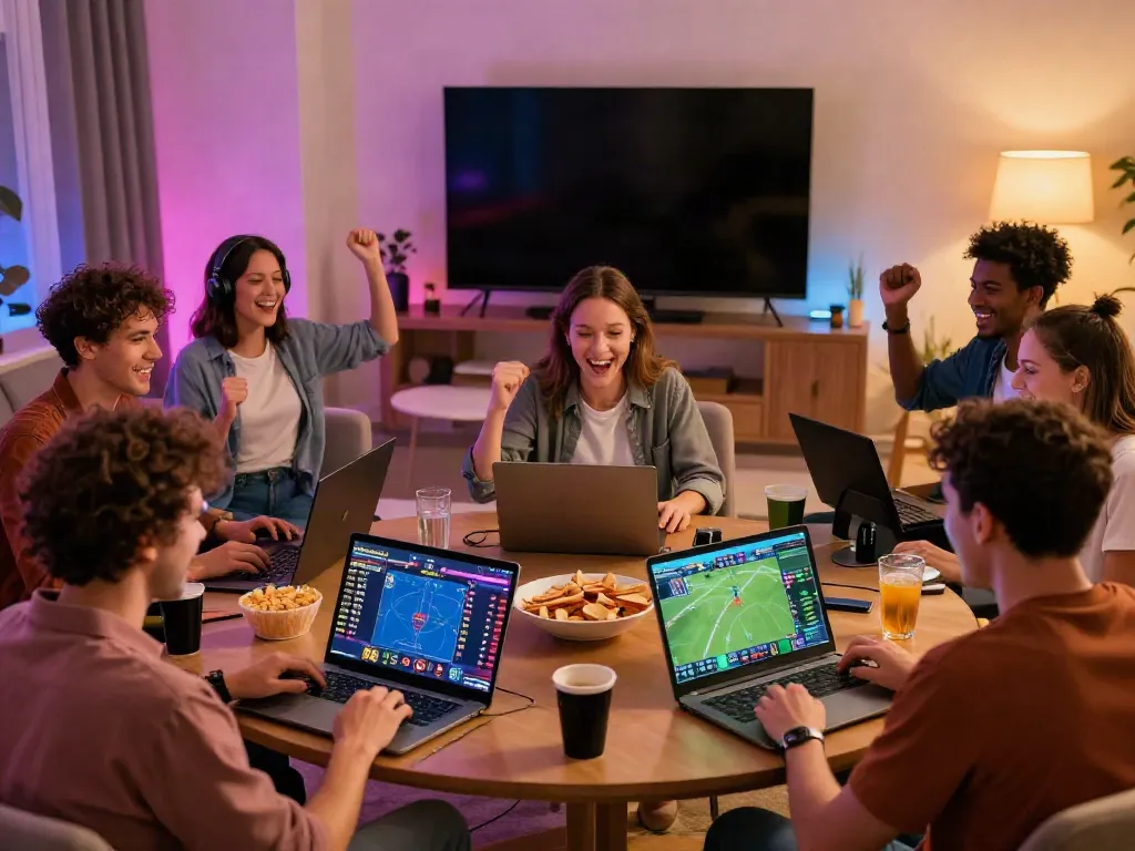 Online gaming and sports betting scene from https://xx88.day/ featuring a group of friends enjoying an energetic live betting experience in a modern living space.