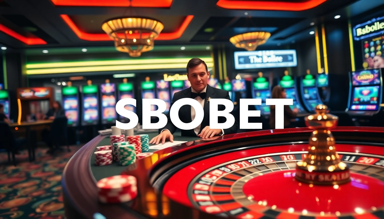 SBOBET's thrilling casino scene with poker chips and a roulette wheel, showcasing expert gambling.