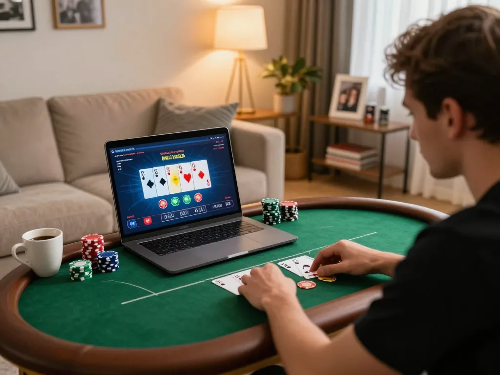 Engaged player enjoying an online poker game at home with MM 88 on screen, showcasing strategic gameplay.