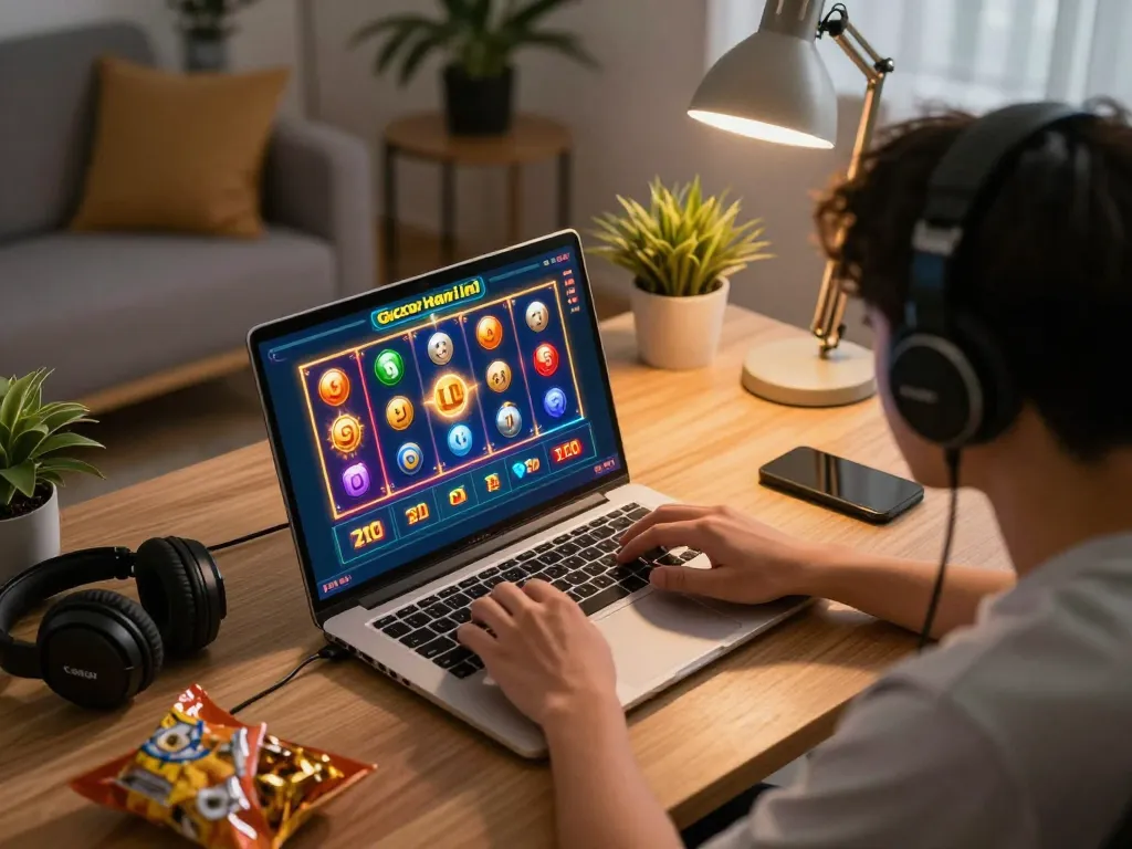 Engaging player experiencing slot gacor hari ini action on a laptop in a cozy home office setting.