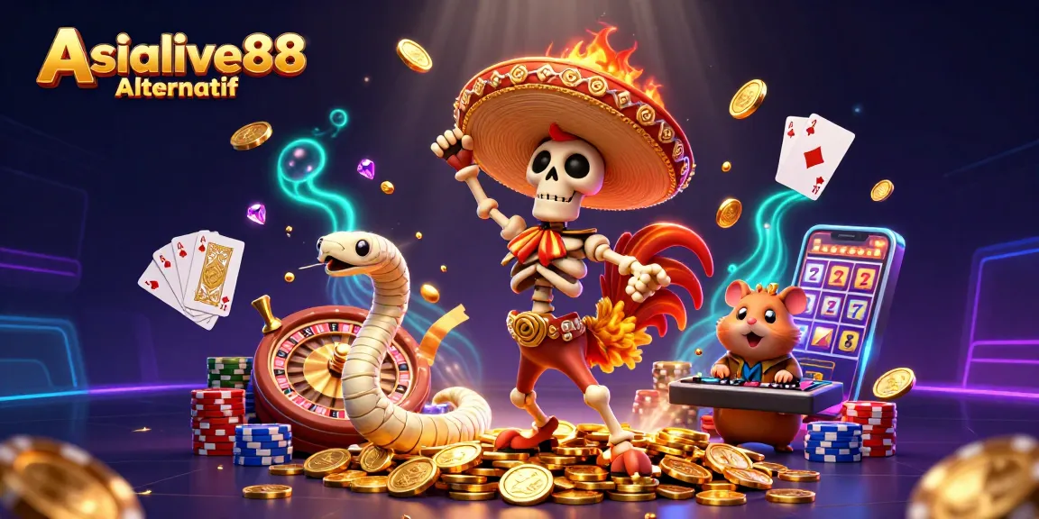 Spin the reels and win big with Asialive88 Alternatif, showcasing vibrant casino characters and dynamic game elements.