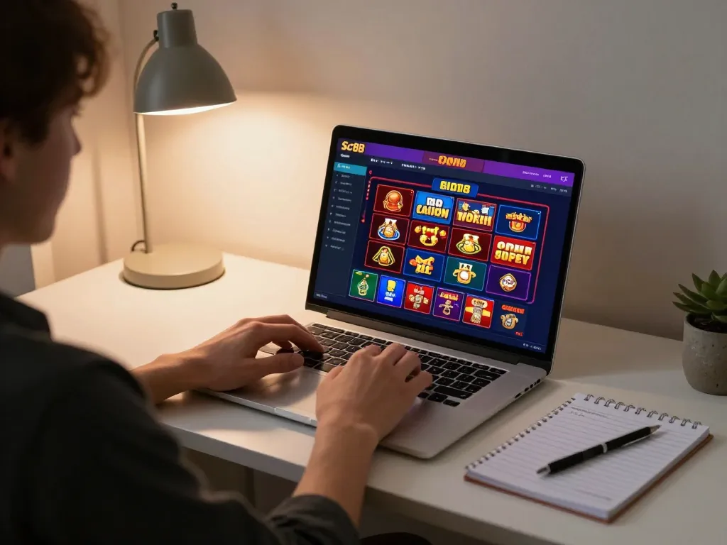 Engaging with SC88 platform on laptop, enjoying an online gambling session.