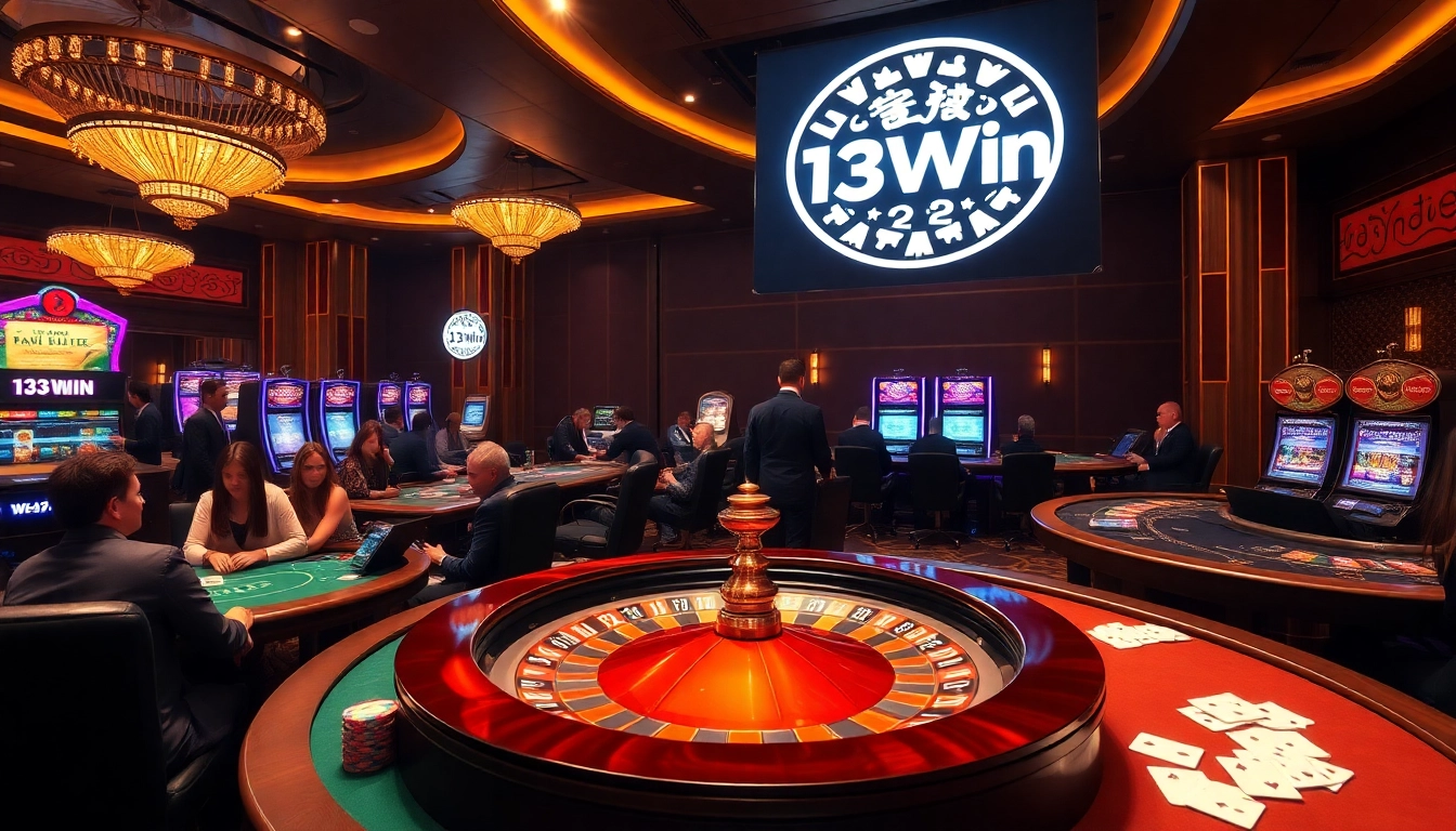 Players enjoying various games at the luxurious 13Win casino, surrounded by vibrant slot machines.
