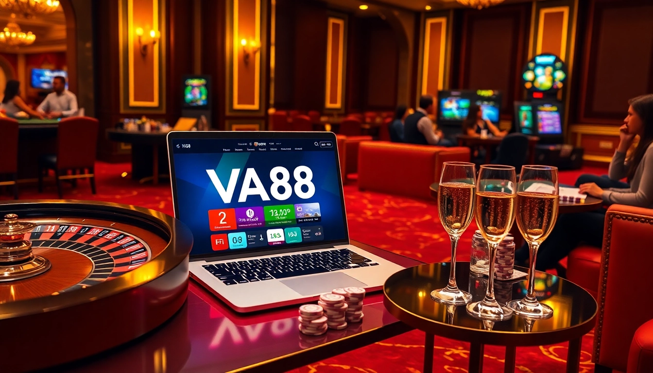 VA88 online gaming platform displayed in a luxurious casino setting with poker chips and roulette wheel.