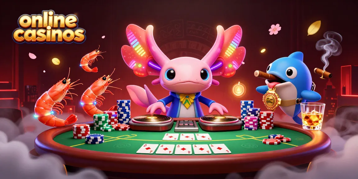 Engage with online casinos featuring a vibrant axolotl DJ surrounded by poker elements and colorful sea creatures.