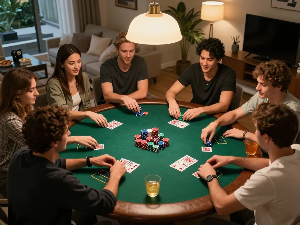 Pemain menikmati malam poker yang mendebarkan di rumah bersama teman-teman, menyoroti permainan strategis bintangmpo.