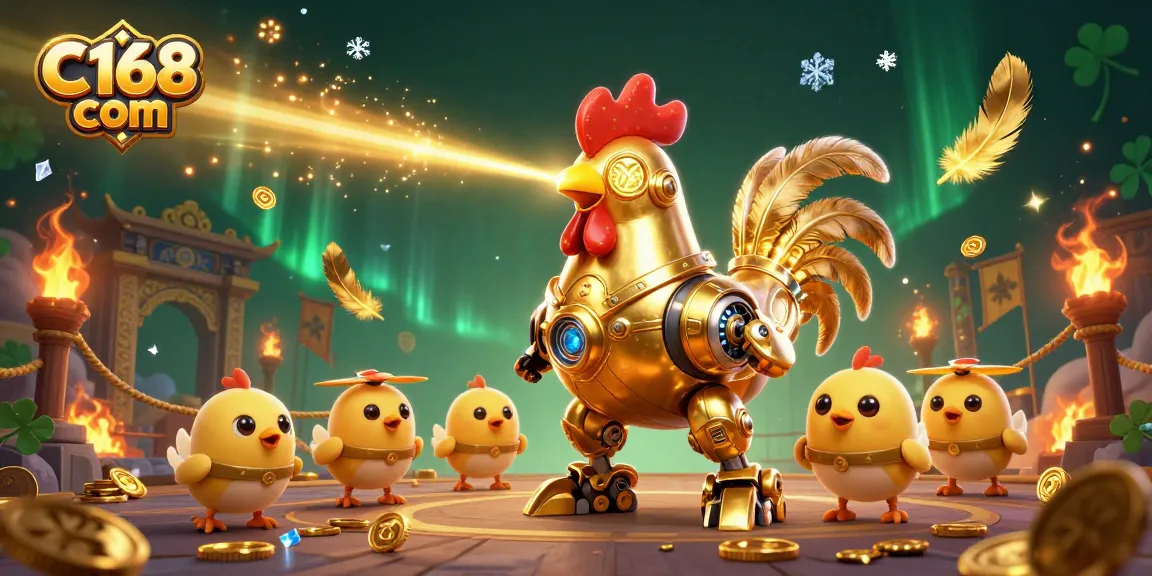 Experience thrilling wins at C168 com with dynamic action from a golden rooster robot and baby chick drones!