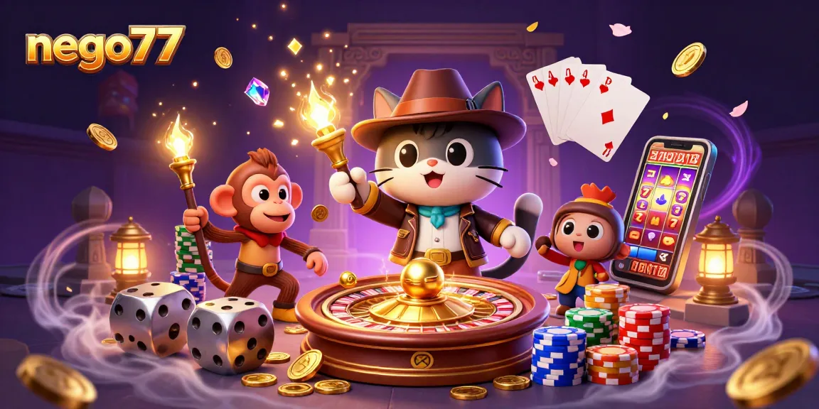 Nego77 delivers excitement with cartoon explorers and casino treasures in a vibrant illustration.