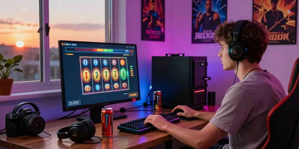 Engaged player enjoying SLOT TOTO gameplay on a laptop in a cozy gaming setup.