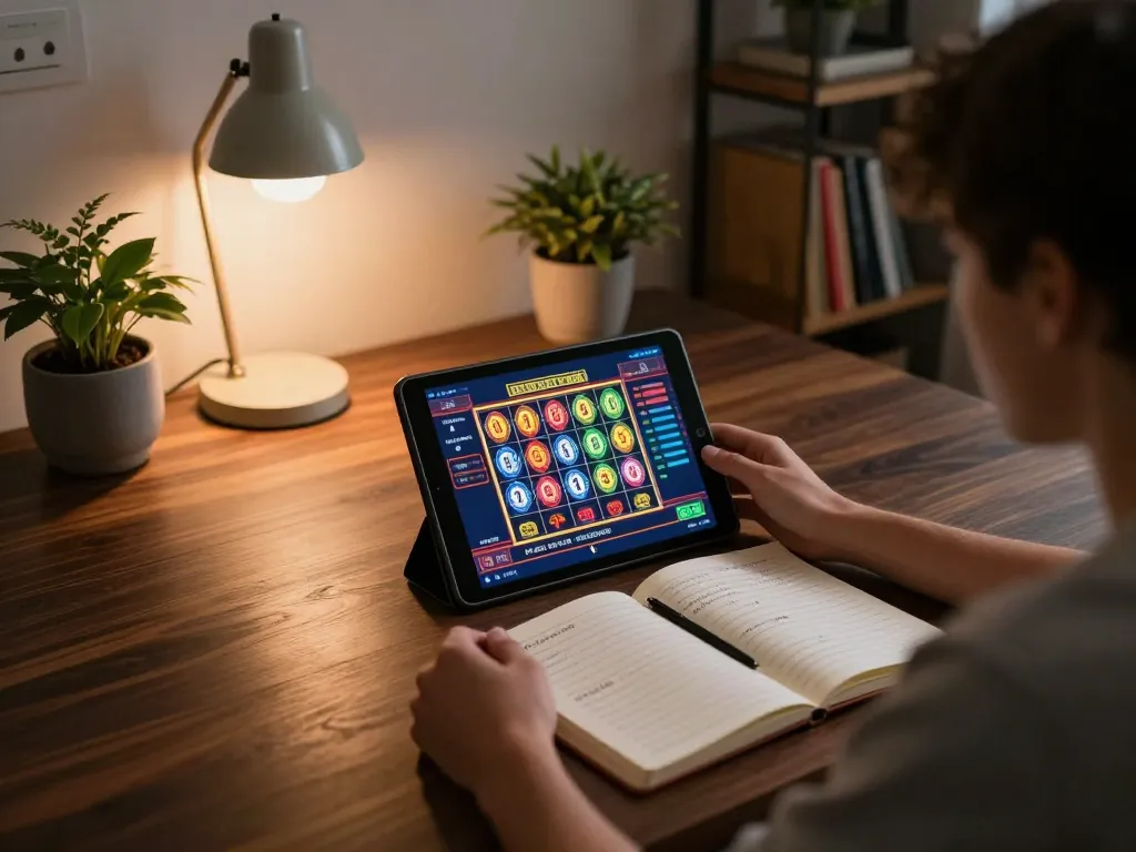 Engaging with slot toto on a tablet, showcasing vibrant gameplay and strategic notes