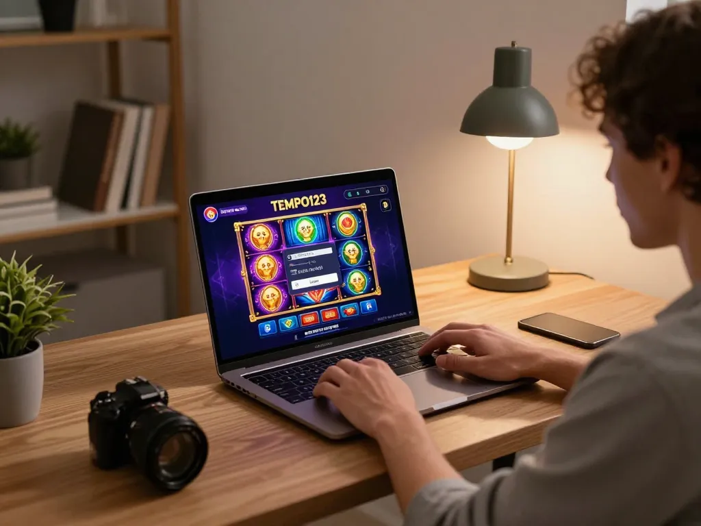 Berinteraksi dengan Login Tempo123 di laptop dalam pengaturan permainan online yang nyaman, menampilkan antarmuka permainan slot yang cerah.